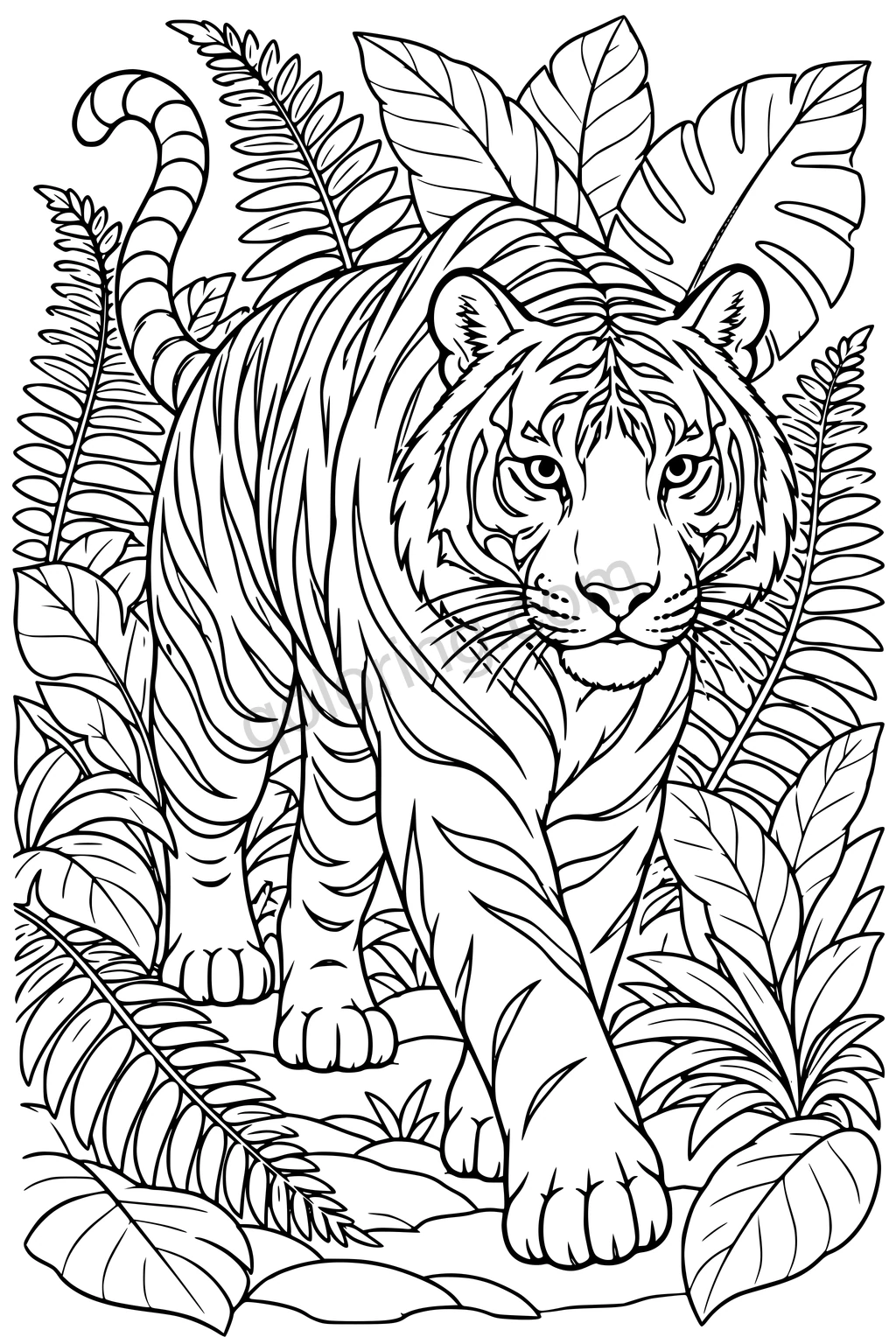 A tiger walks toward the viewer through fern fronds and large tropical leaves, with a curved tail and outlined stripes.