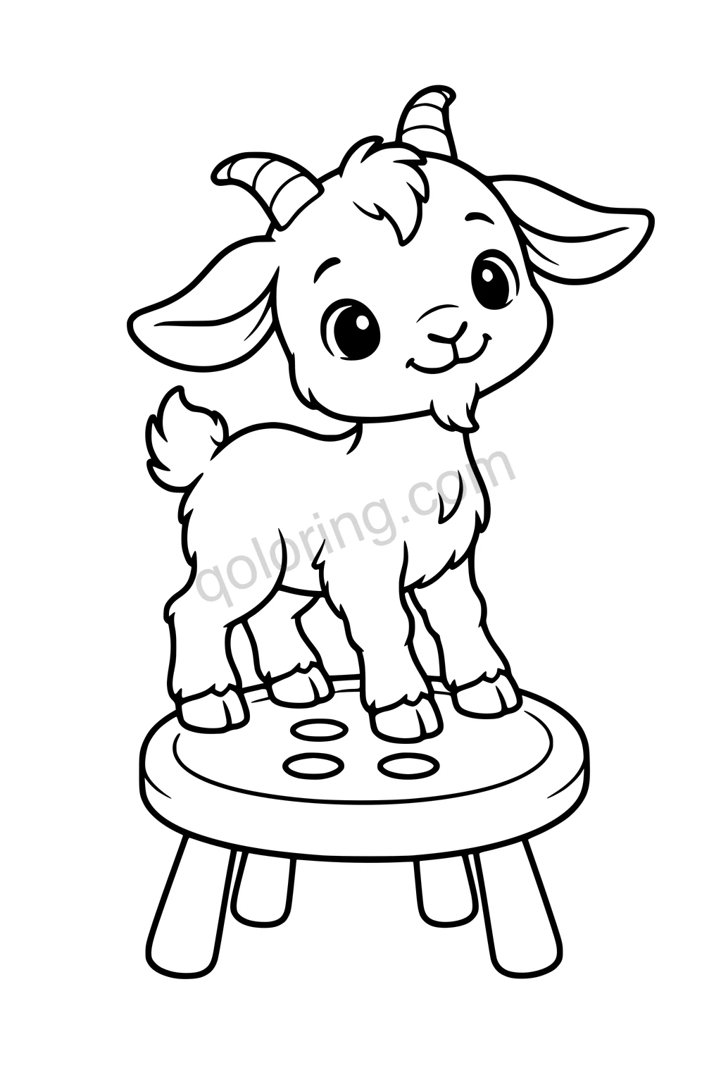 Black outline coloring page: Baby Goat on a Button Stool.