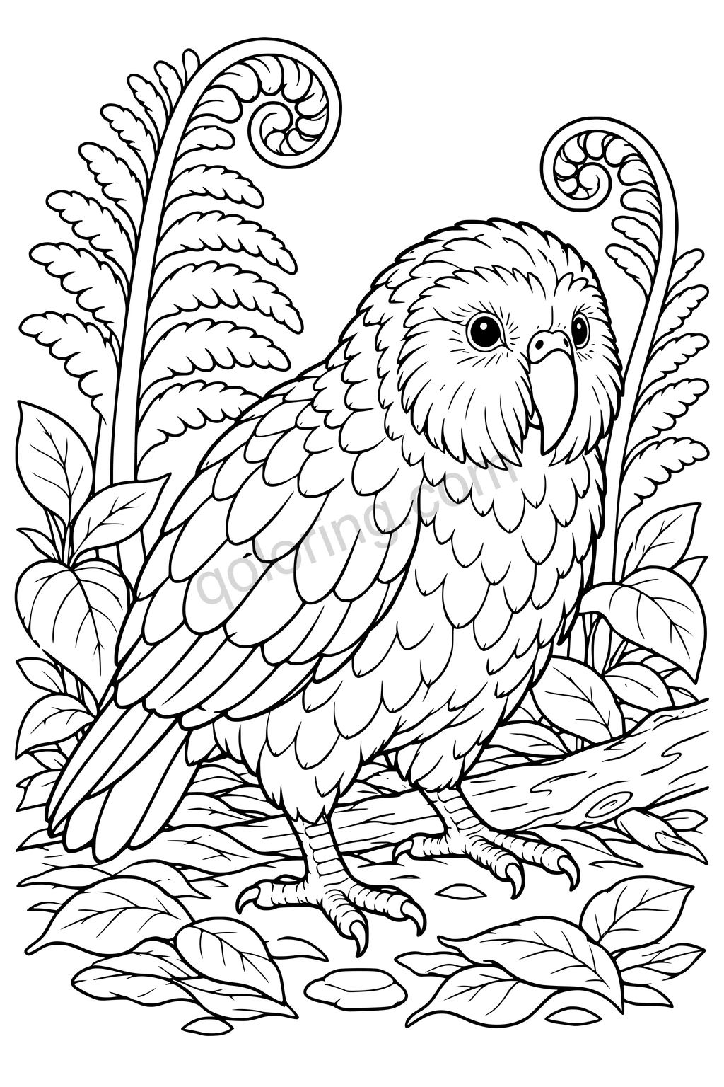 Black outline drawing of a kakapo among New Zealand ferns.