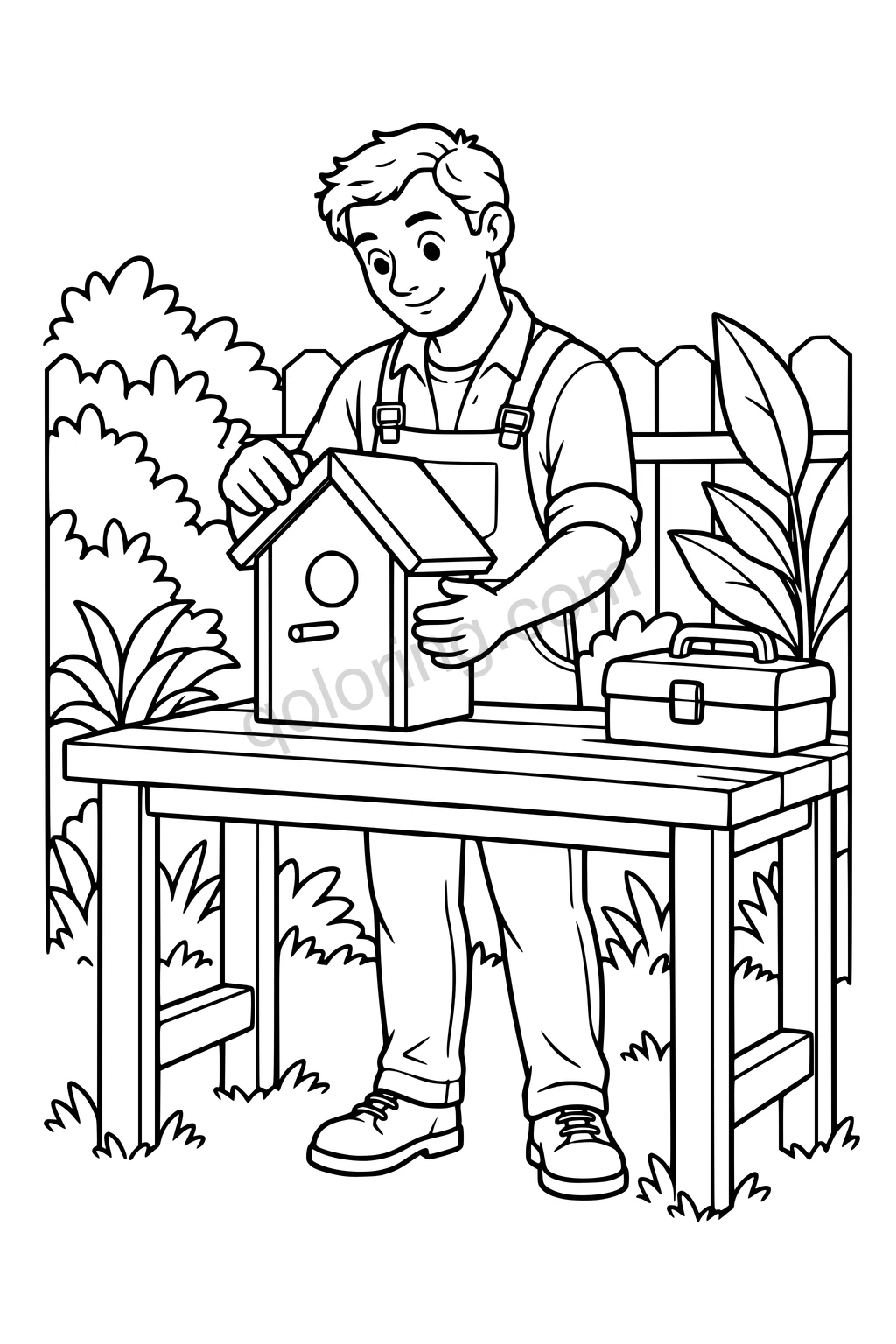 Black outline drawing of a man holding a birdhouse on a garden workbench.