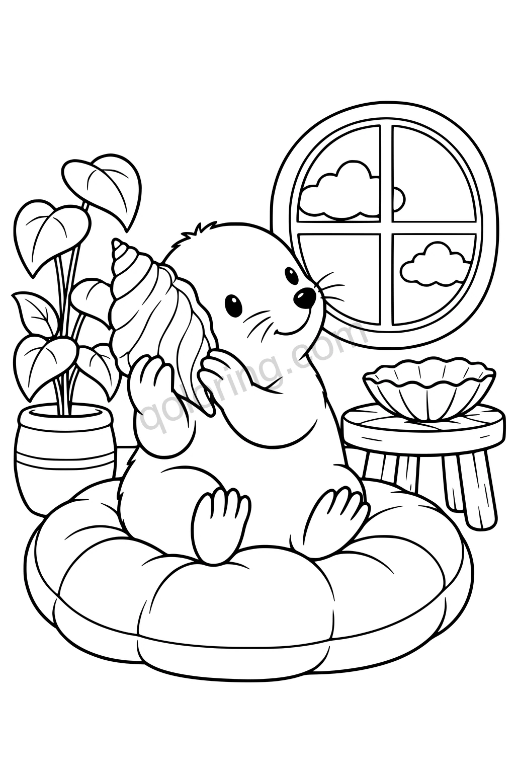 Black outline drawing of a mole sitting on a wide cushion holding one large conch shell to its ear, with a shallow shell bowl and a simple round window showing two clouds.