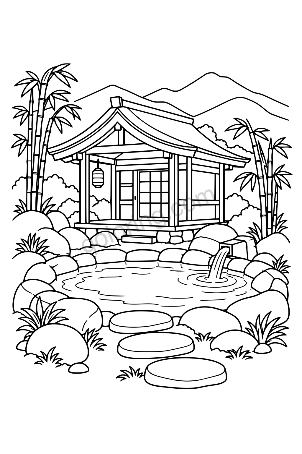 Black outline drawing of a timber bathhouse beside a round spring and bamboo.