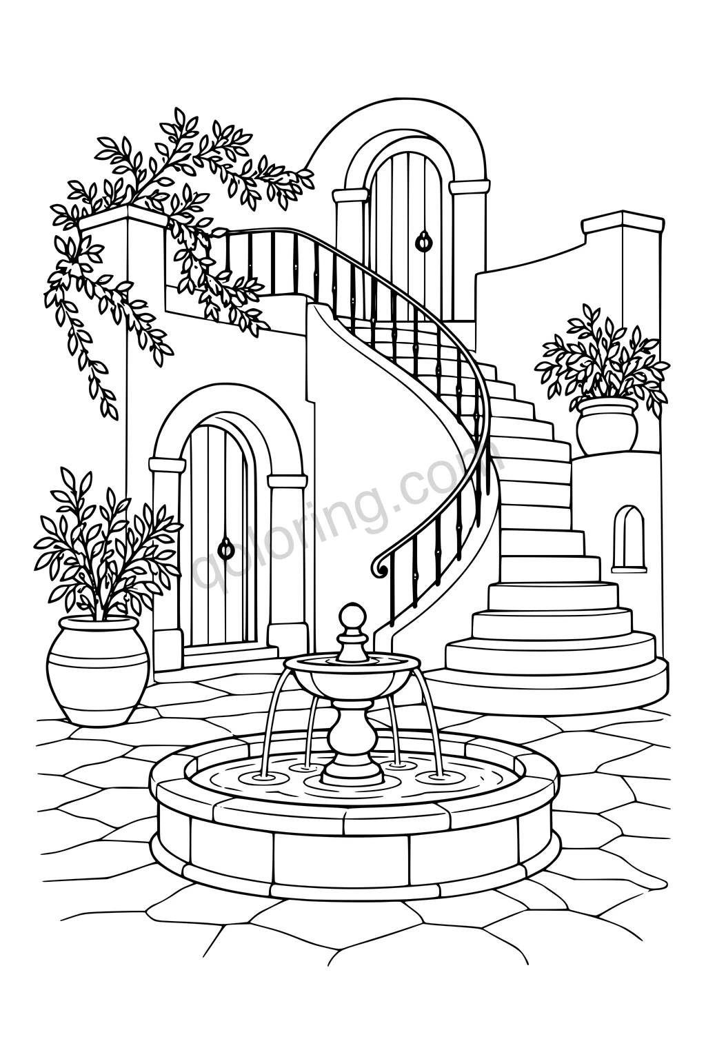 Black outline drawing of a courtyard with a curved staircase, arched doors and fountain.