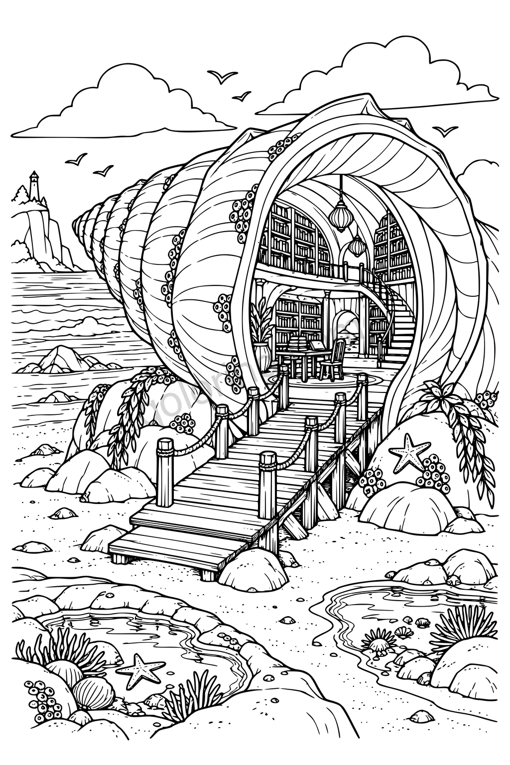 A boardwalk leads into a giant seashell library with bookshelves, hanging lamps and a curved staircase beside the sea.