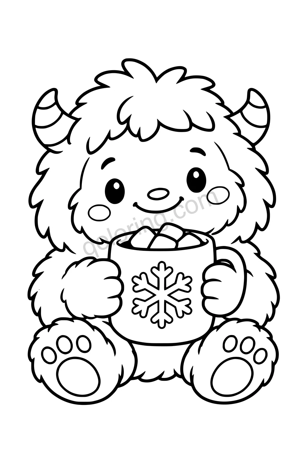 Black outline coloring page: Little Yeti with a Cocoa Mug.