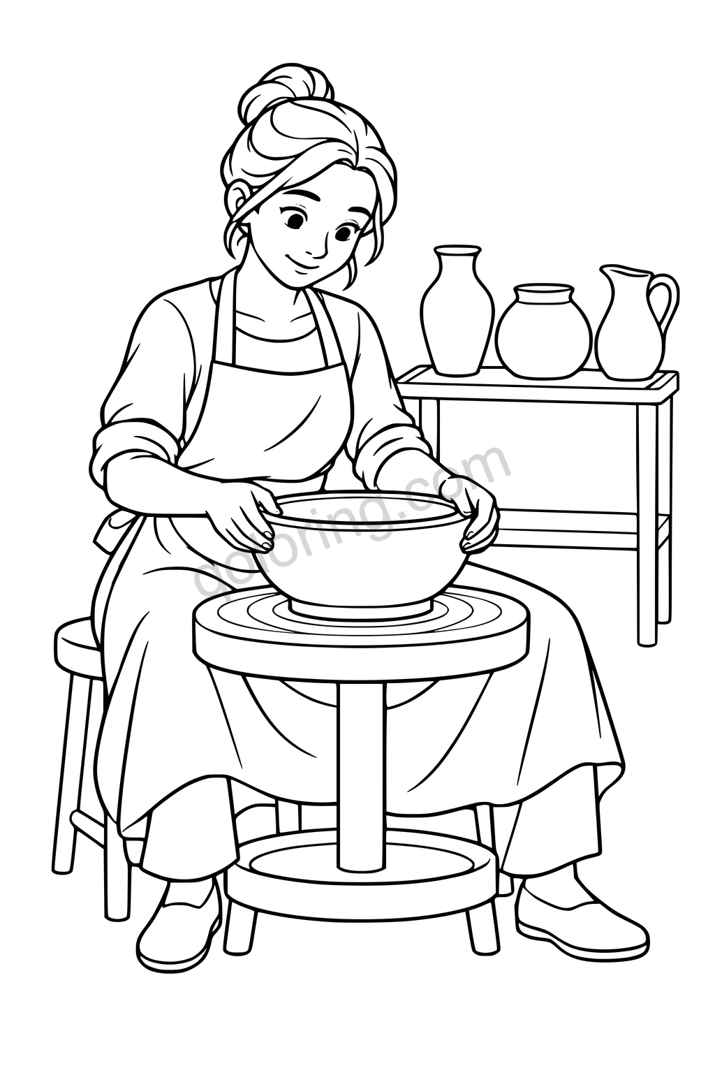 Black outline drawing of a seated potter shaping a wide bowl at a pottery wheel.