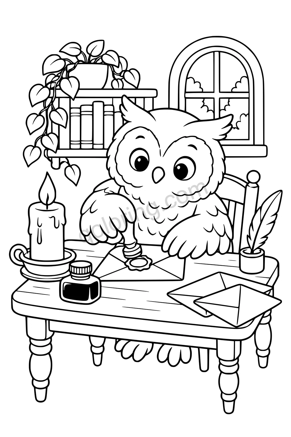 Black outline drawing of a friendly owl at a small writing desk pressing a large round wax seal onto a plain envelope, with a broad candle, two blank envelopes and an ink bottle.