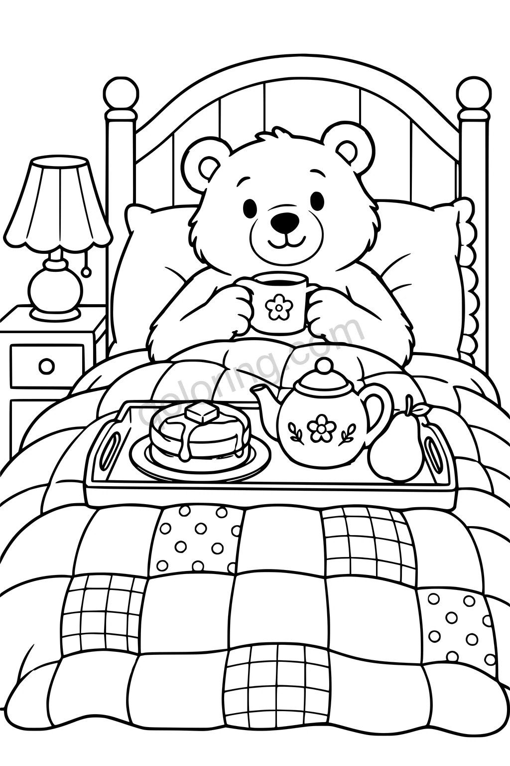 Black outline drawing of a friendly bear sitting upright under a simple patchwork duvet with a breakfast tray holding two pancakes, a teapot and a pear; one bedside lamp and an arched headboard.