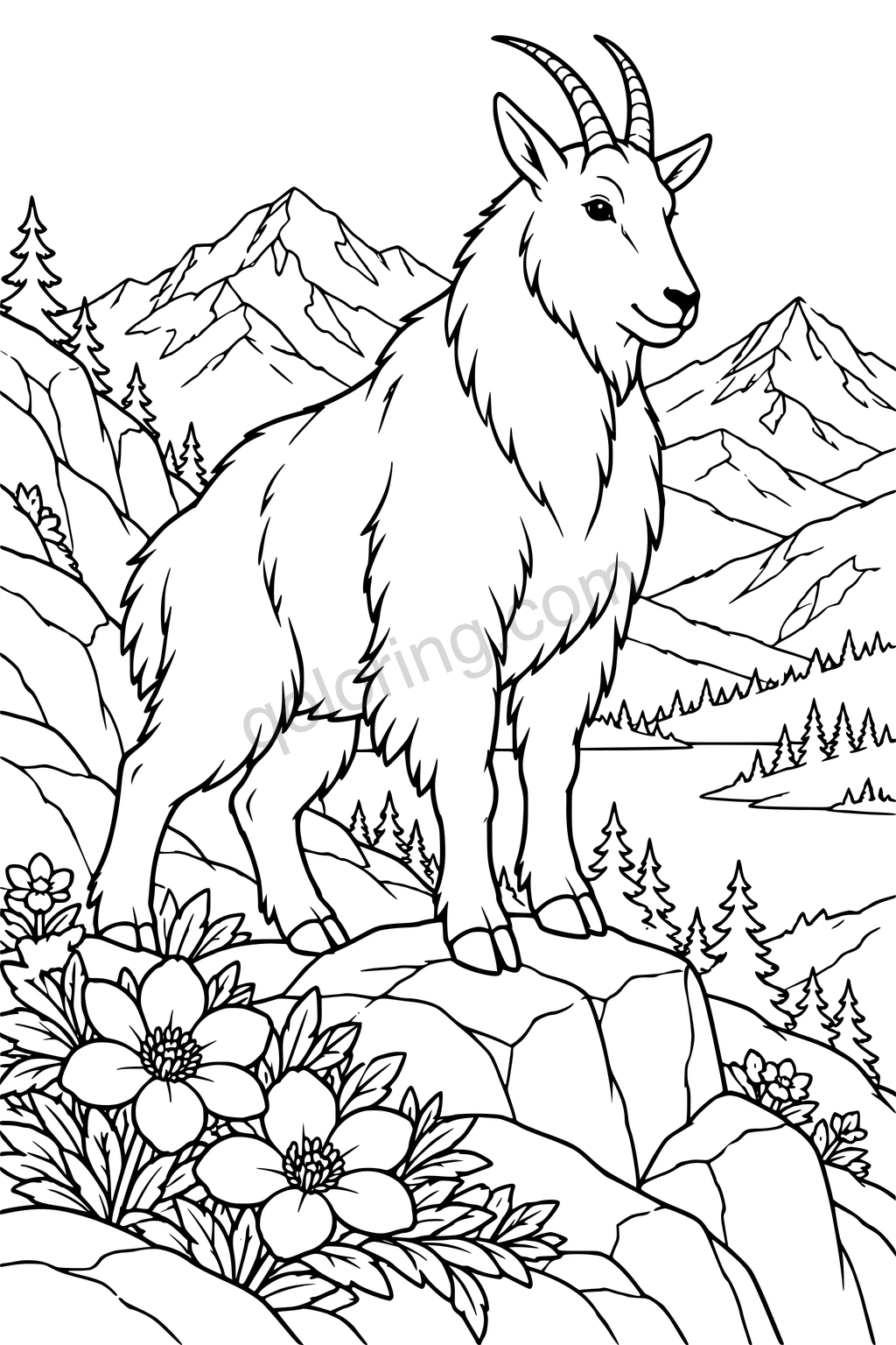 A mountain goat stands on a rocky ledge above a lake, surrounded by alpine flowers and distant mountains.