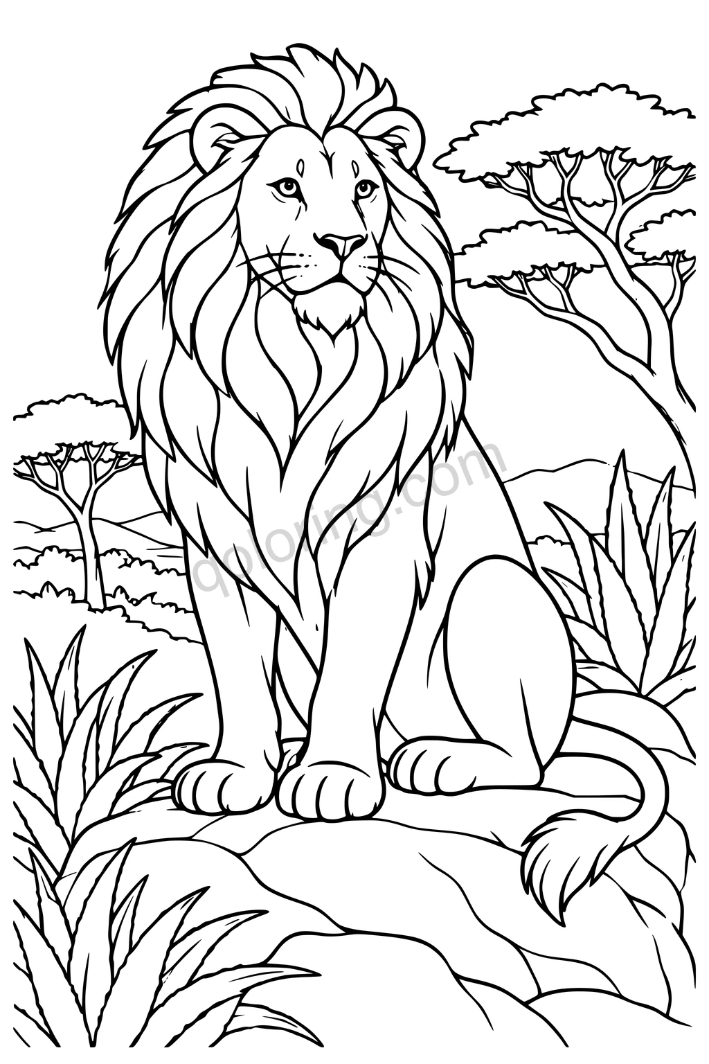 A male lion sits on a rock between aloe plants and acacia trees, with a flowing mane and curled tail.