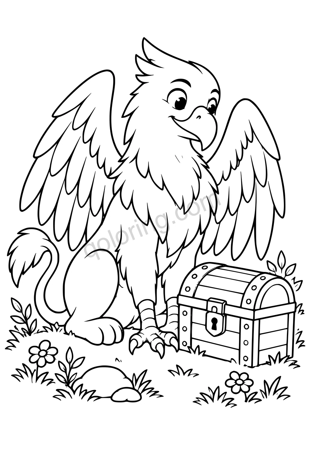 Black outline drawing of a young griffin with spread wings sitting beside a treasure chest and small flowers.