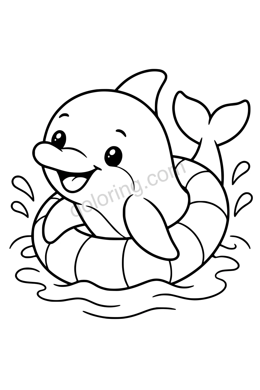 Black outline coloring page: Dolphin and the Floating Ring.