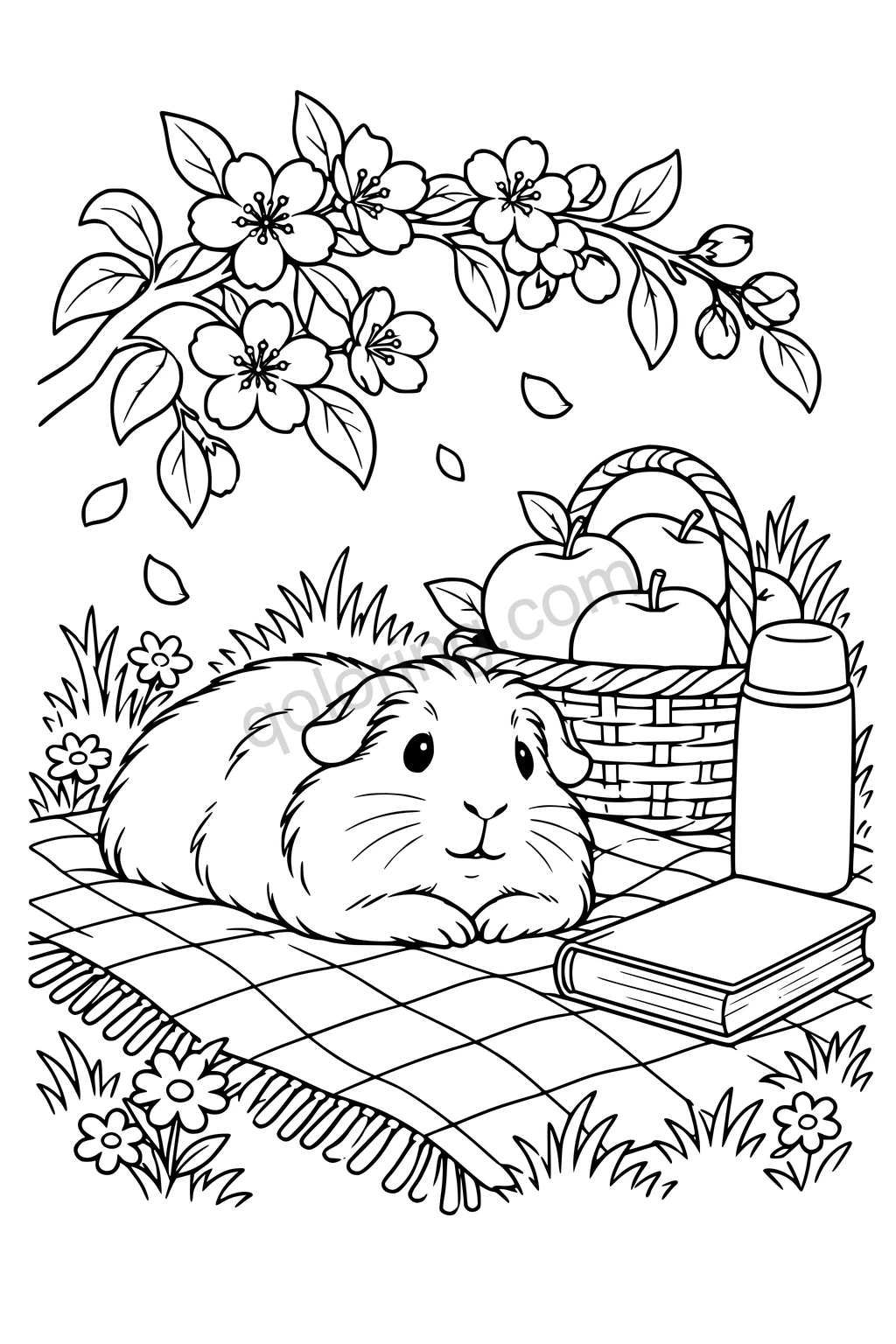Black outline drawing of a guinea pig lying comfortably on a broad outdoor blanket with a basket of large apples, a closed book and a simple thermos, beneath one low flowering branch.