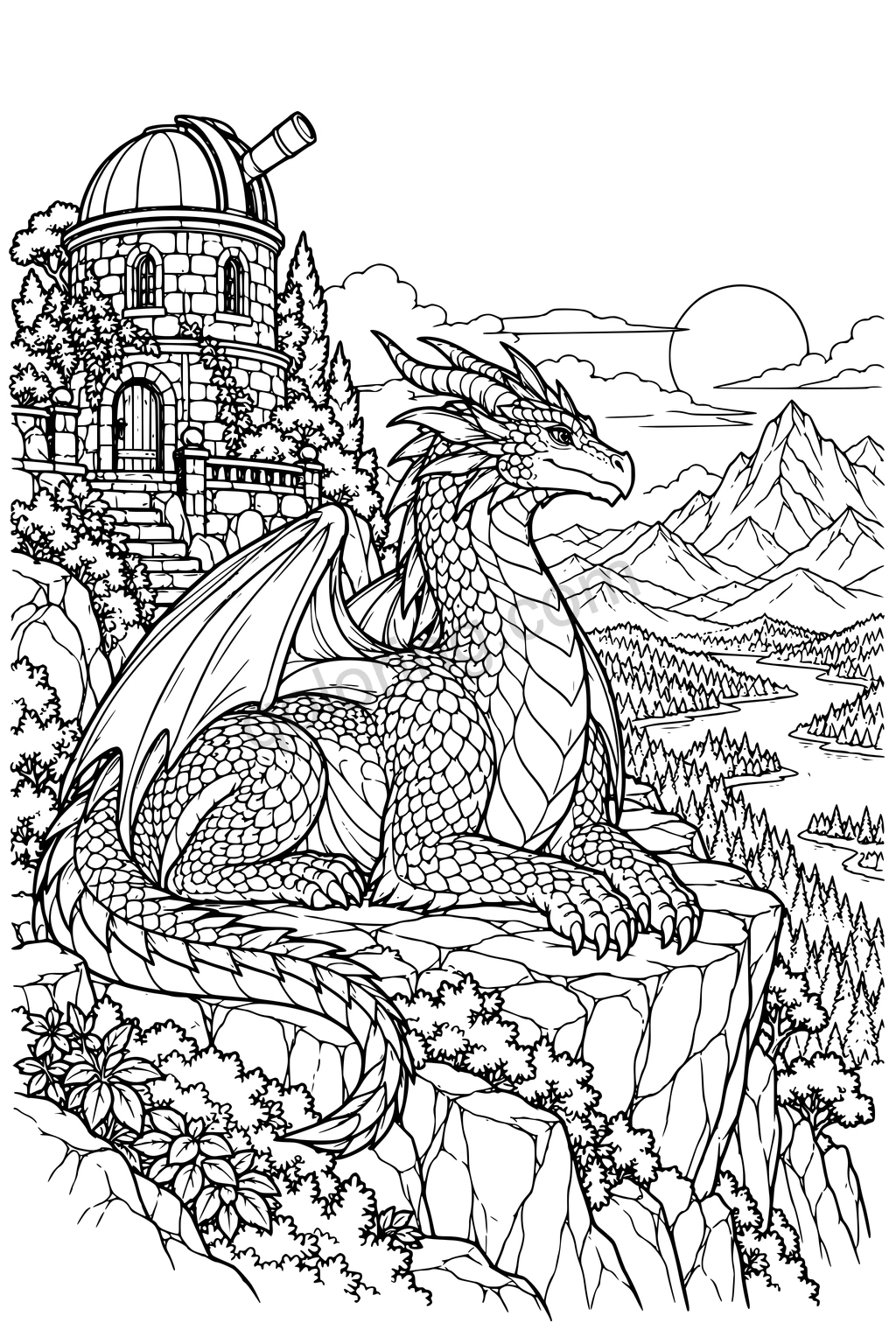 A dragon with folded wings rests on a rocky ledge beside a cliffside observatory.