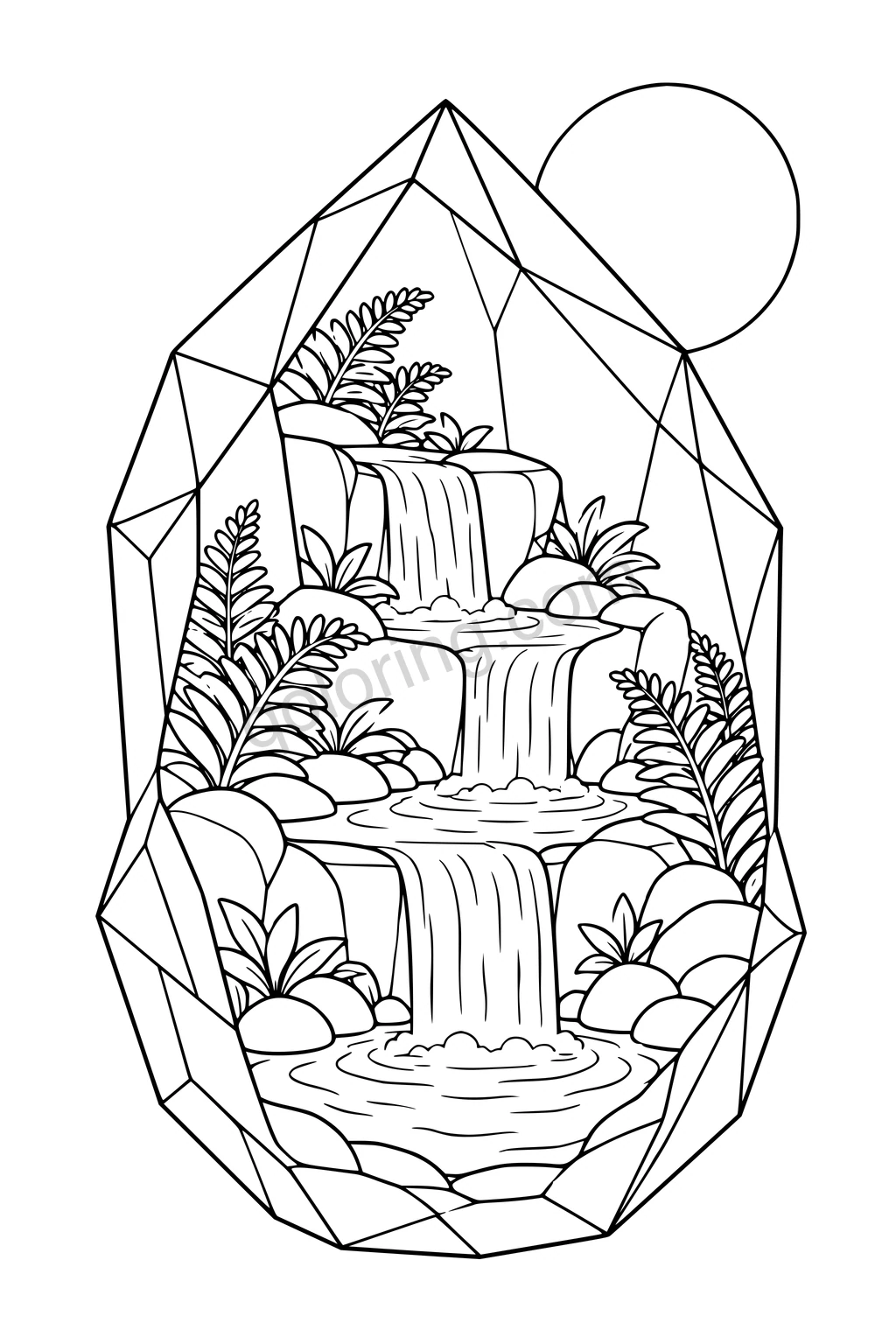 Black outline drawing of a waterfall and ferns inside a large faceted crystal.