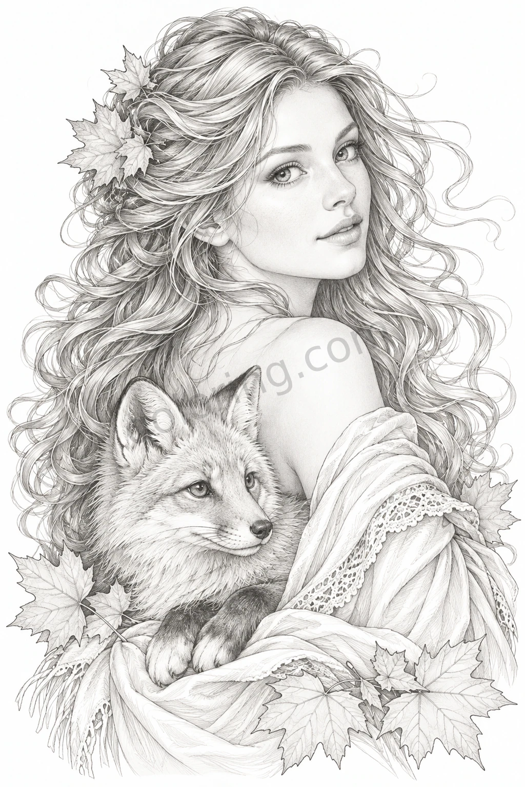 A woman with flowing curls and a young fox is framed by autumn maple leaves.