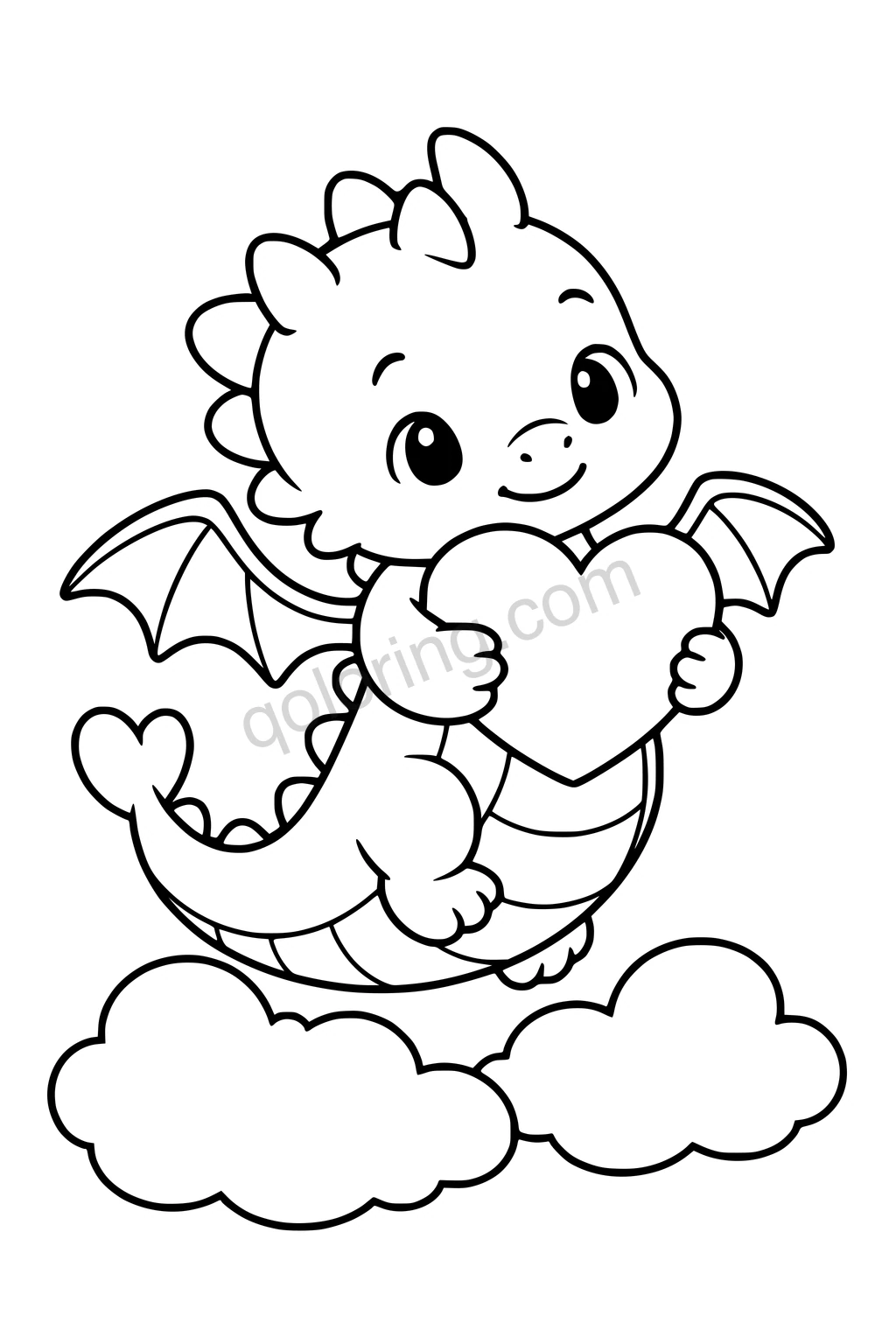 Black outline coloring page: Cloud Dragon Delivering a Heart.