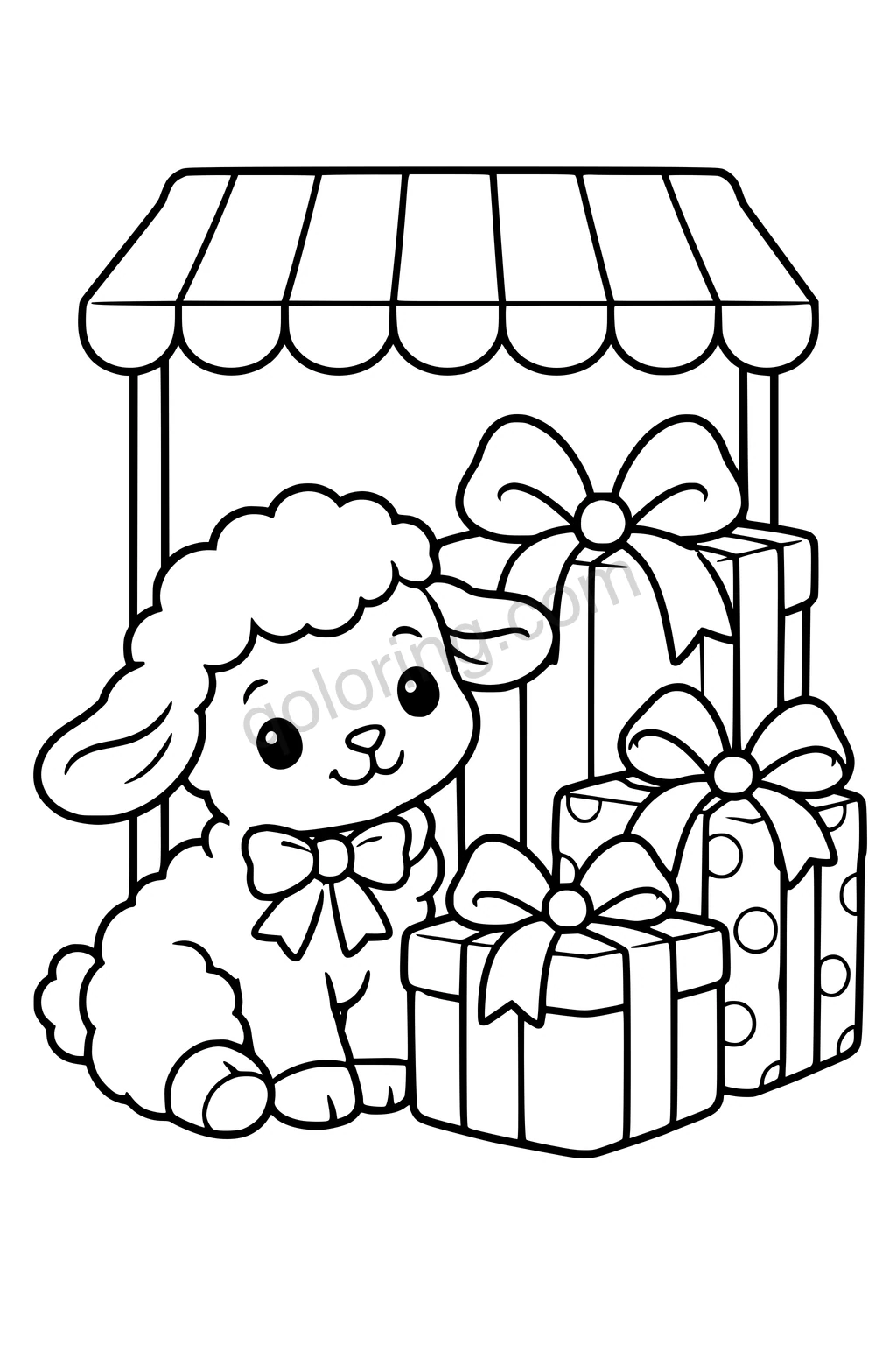 Black outline coloring page: Lamb's Ribbon Gift Shop.