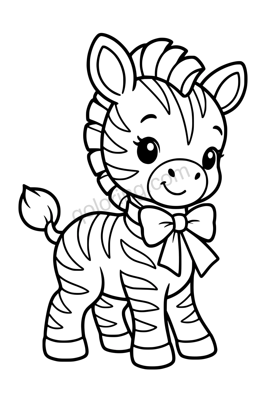 Black outline coloring page: Zebra Foal with a Party Bow.