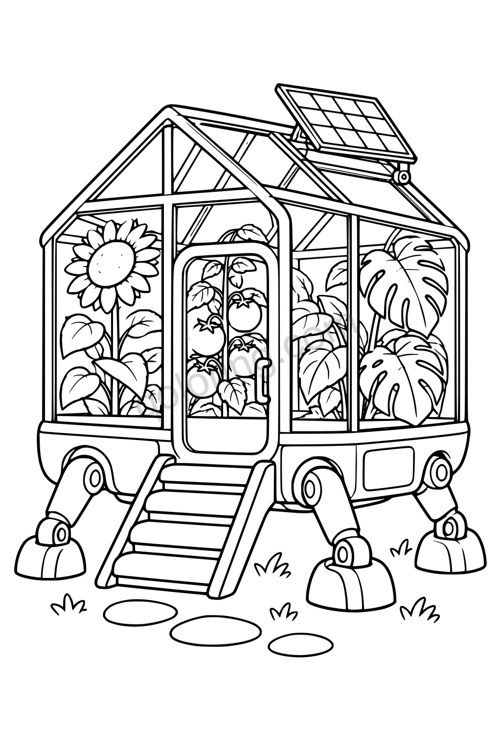 Black outline drawing of a walking greenhouse with four mechanical legs and large plants.