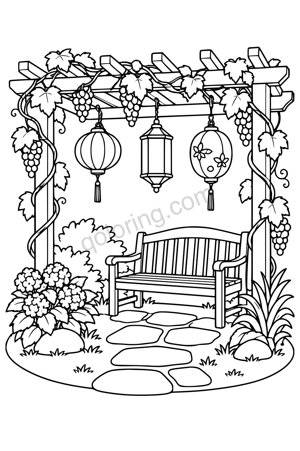 Black outline drawing of a pergola with grapevines, three hanging lanterns, a bench, flowers, and stepping stones.