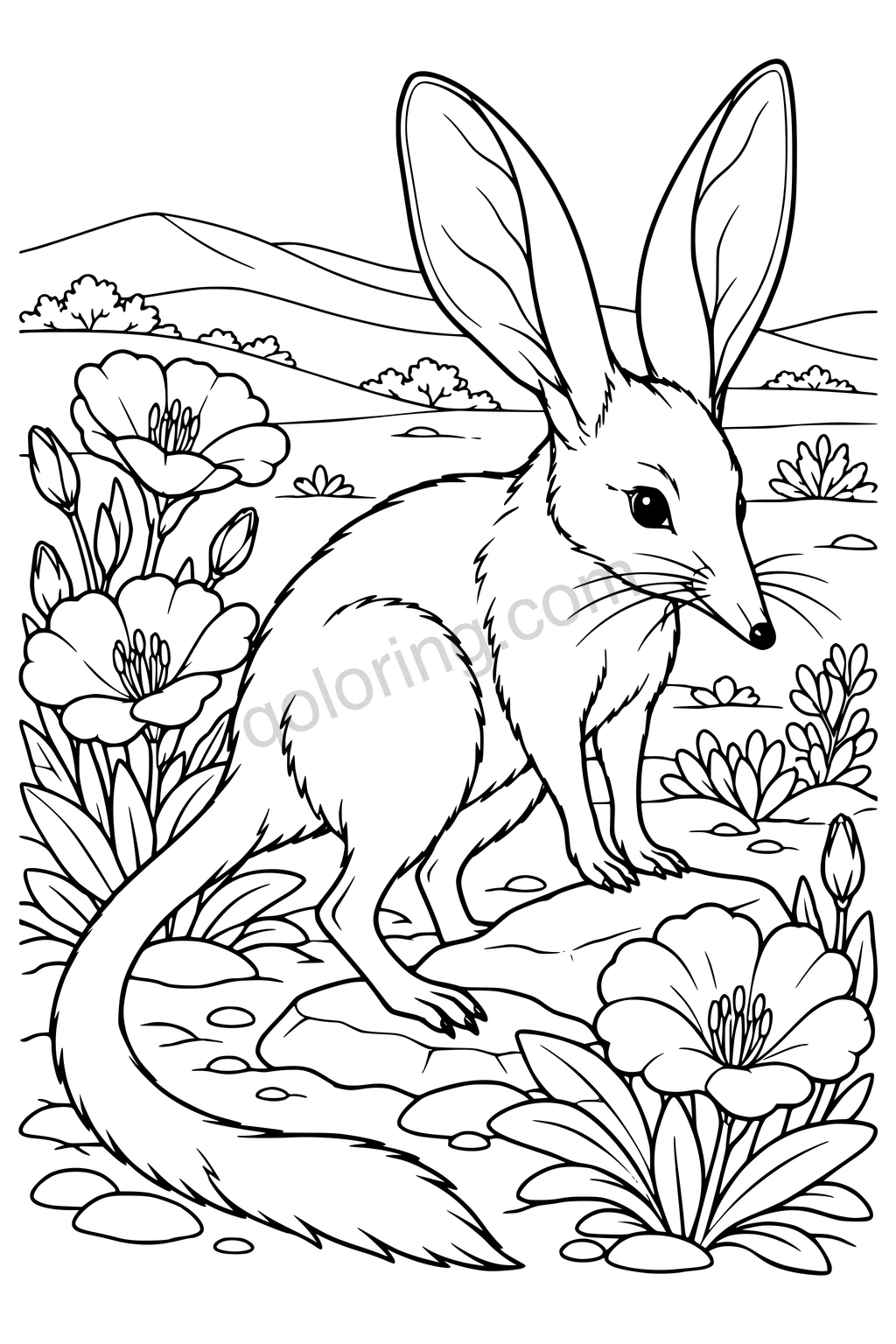 Black outline drawing of a bilby among desert wildflowers.
