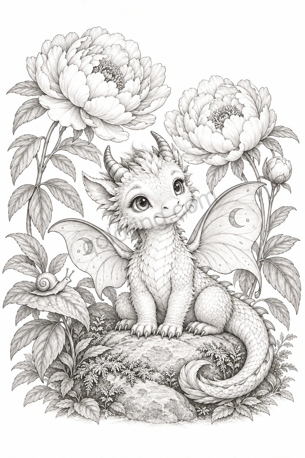 A tiny baby dragon with moth-like wings sits beneath peonies beside a snail on a leaf.