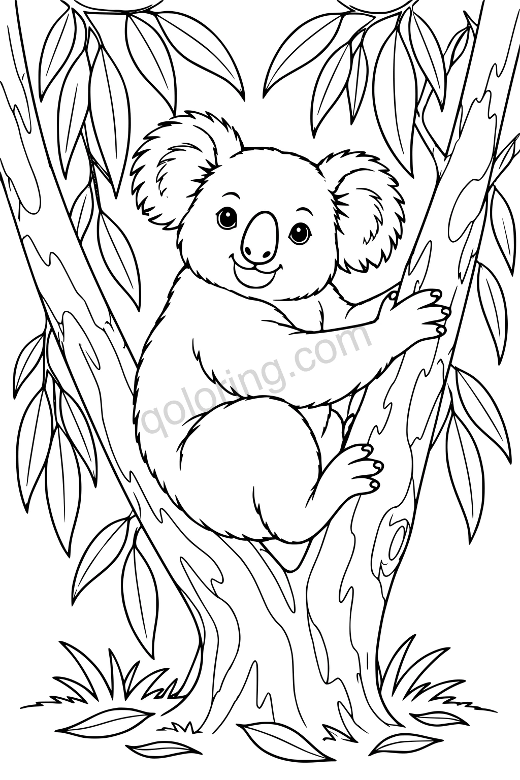 A koala hugs the fork of a eucalyptus tree, surrounded by long leaves and a few fallen leaves.
