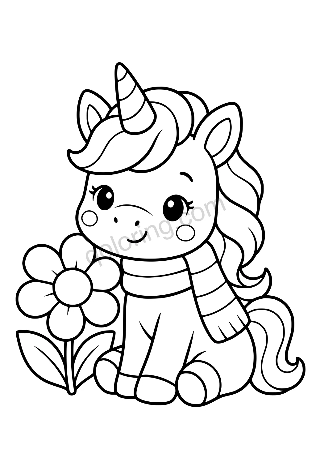 Black outline coloring page: Unicorn Foal with a Rainbow Scarf.