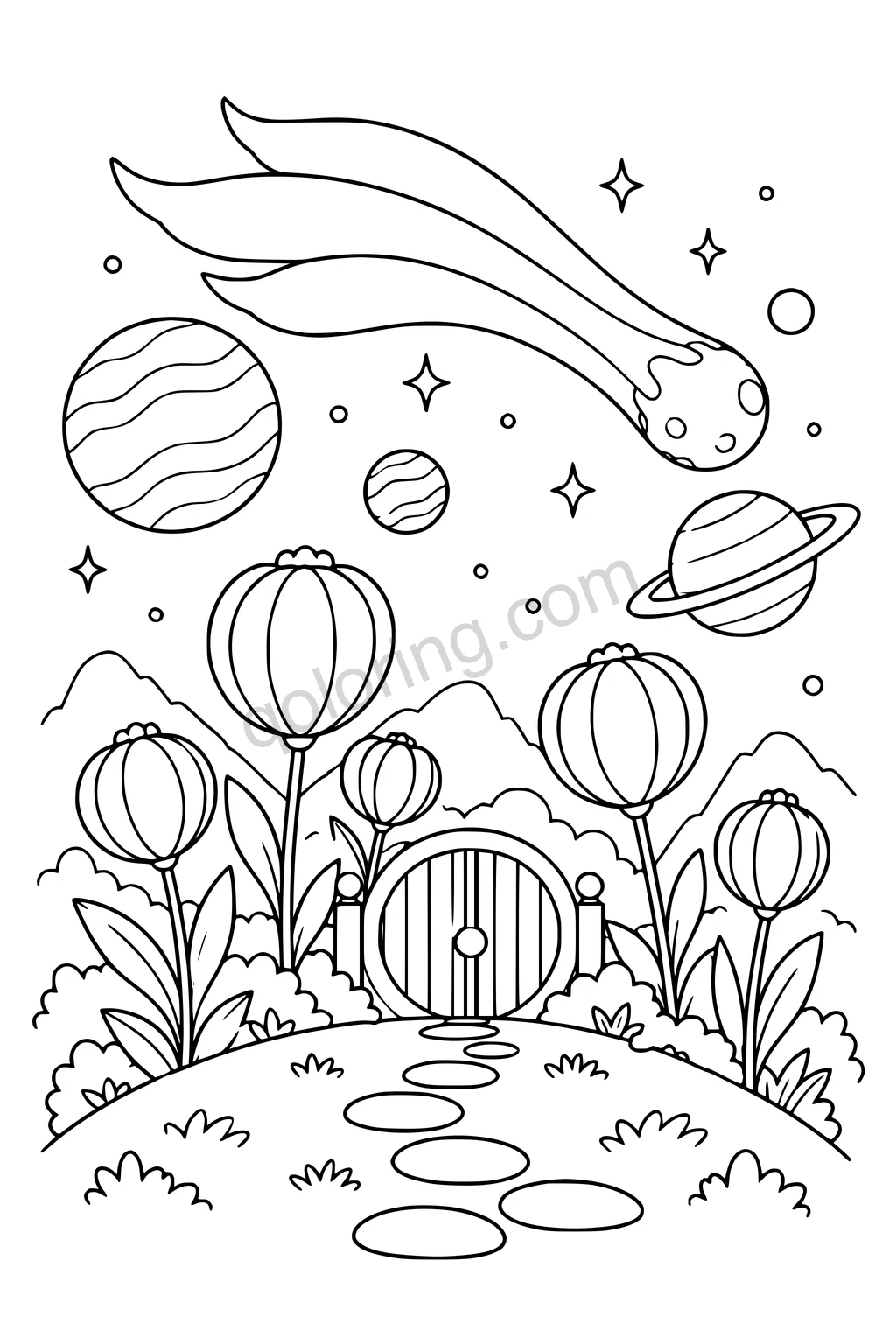 Black outline drawing of a ribbon-tailed comet above a garden of balloon-shaped flowers.