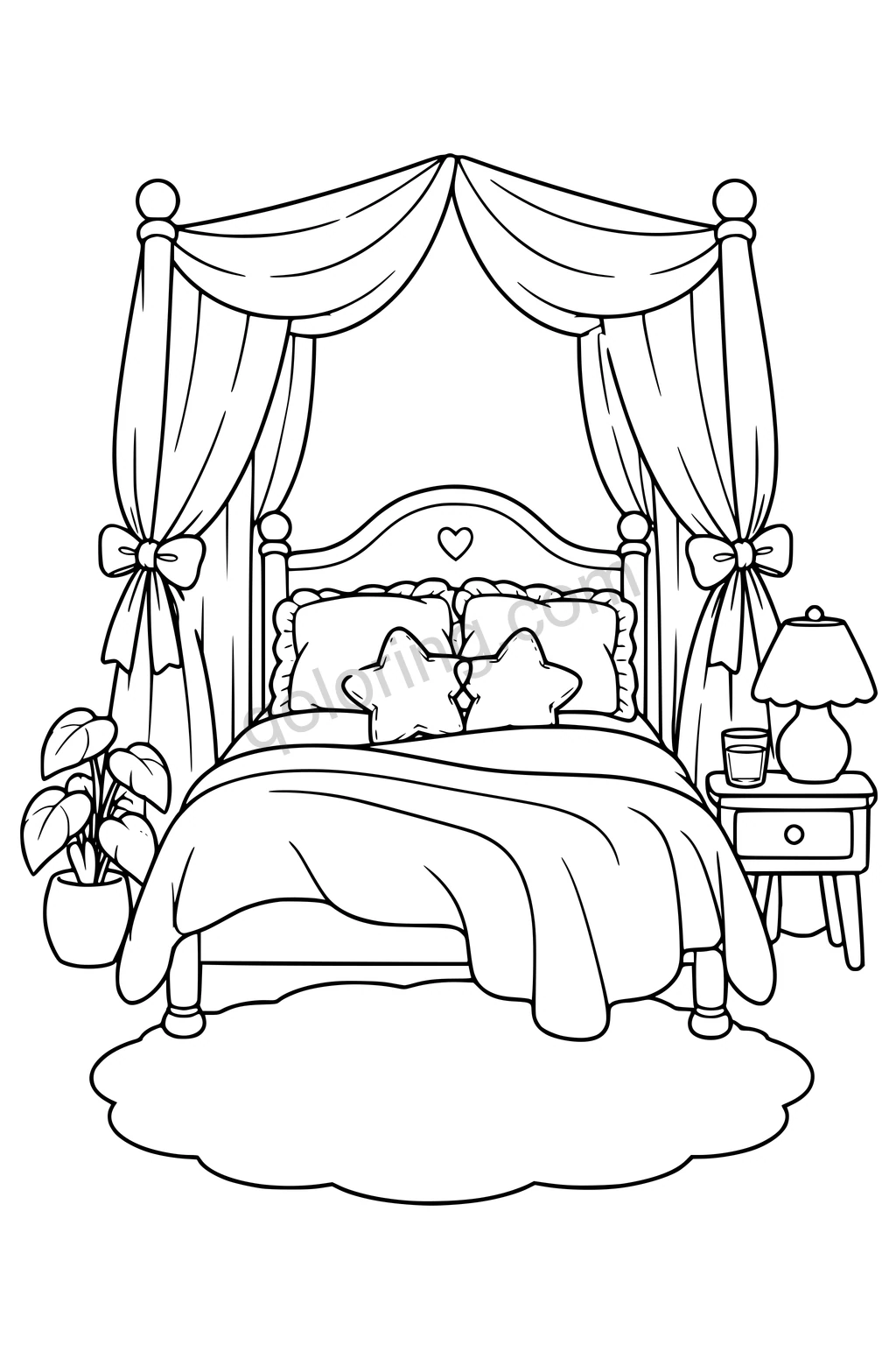 Black outline drawing of an inviting empty canopy bed with broad tied curtains, two star-shaped cushions, a simple blanket and a bedside table holding a rounded lamp and glass of water.
