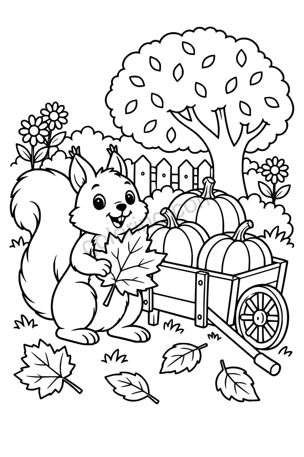 Squirrel holding a maple leaf beside a cart of three pumpkins, an autumn tree, and fallen leaves.