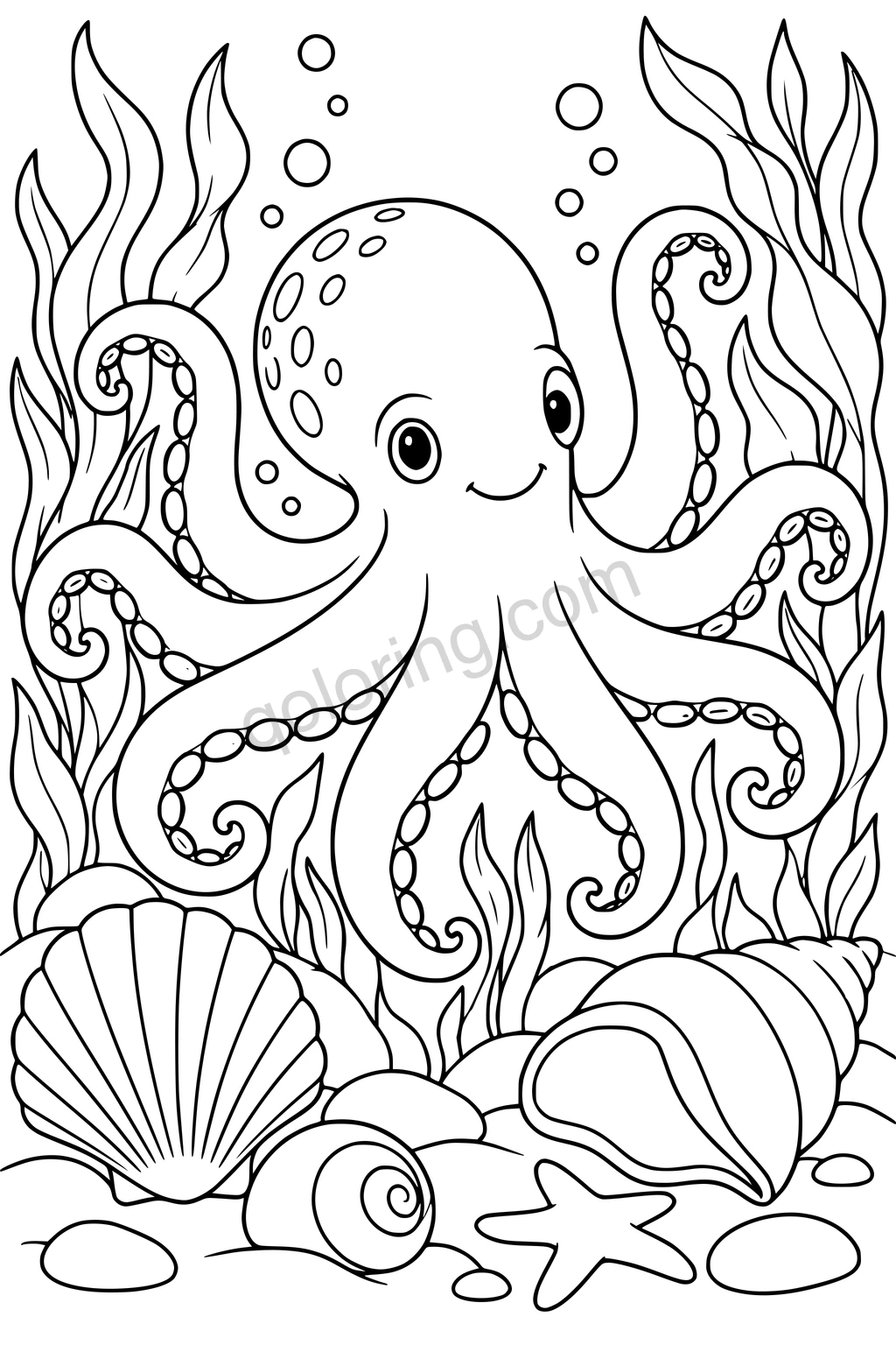 A smiling octopus with eight curling arms floats among seaweed, shells, pebbles and a starfish.