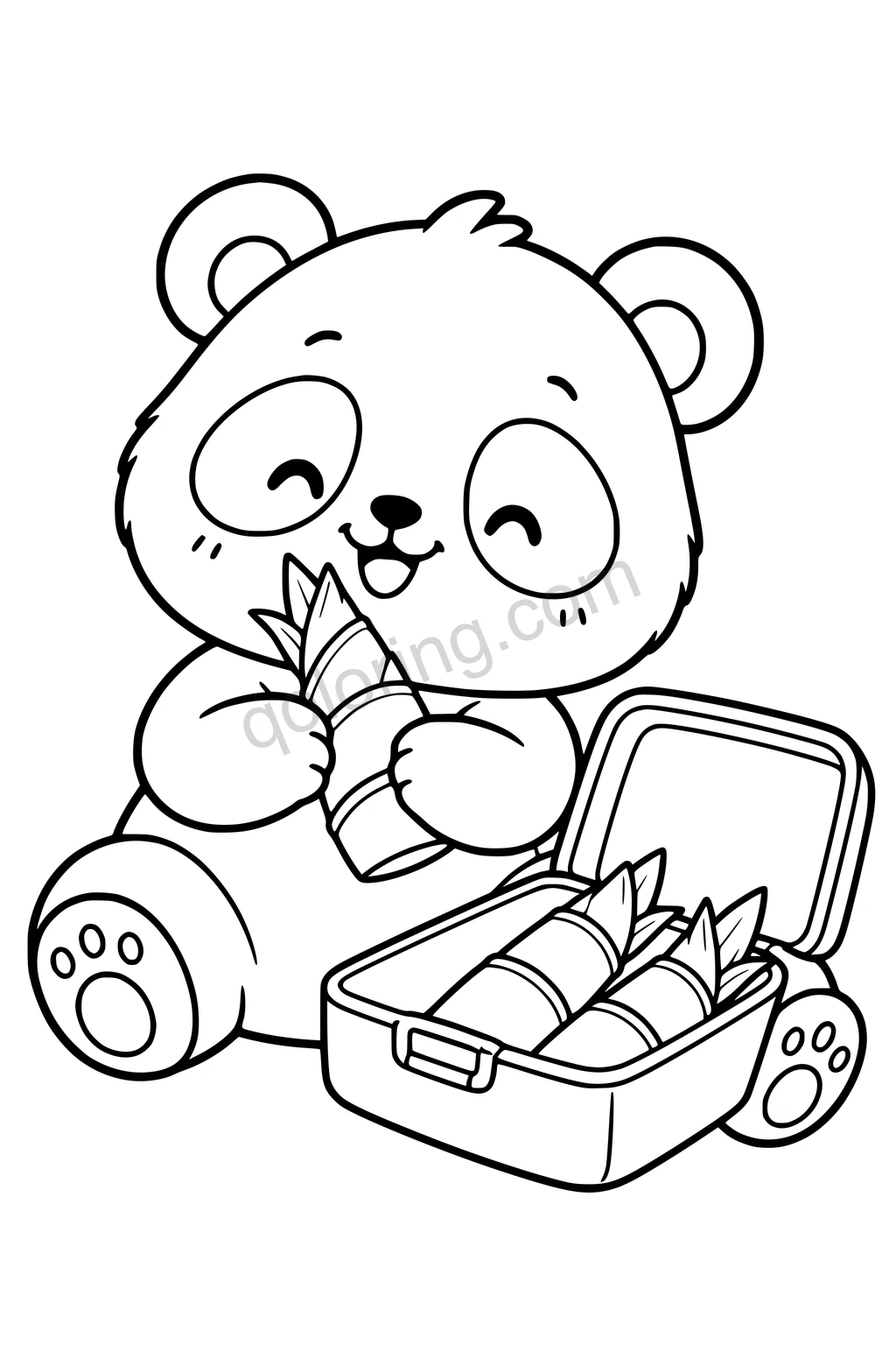 Black outline coloring page: Panda with a Bamboo Lunchbox.