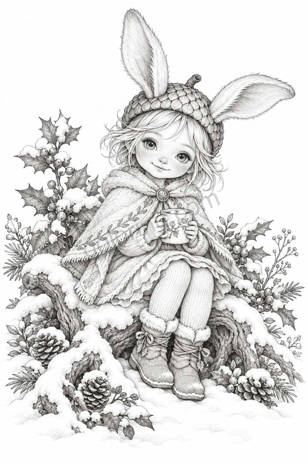 A rabbit-eared sprite in an acorn bonnet and wool cape holds a mug among snowy holly and pinecones.