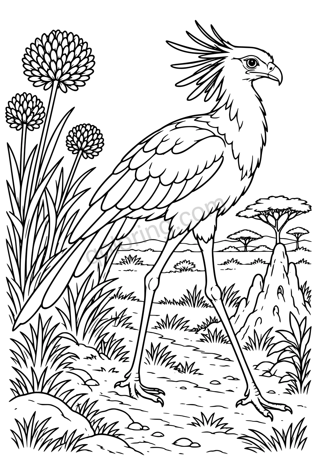 Black outline drawing of a secretary bird on a savanna trail.