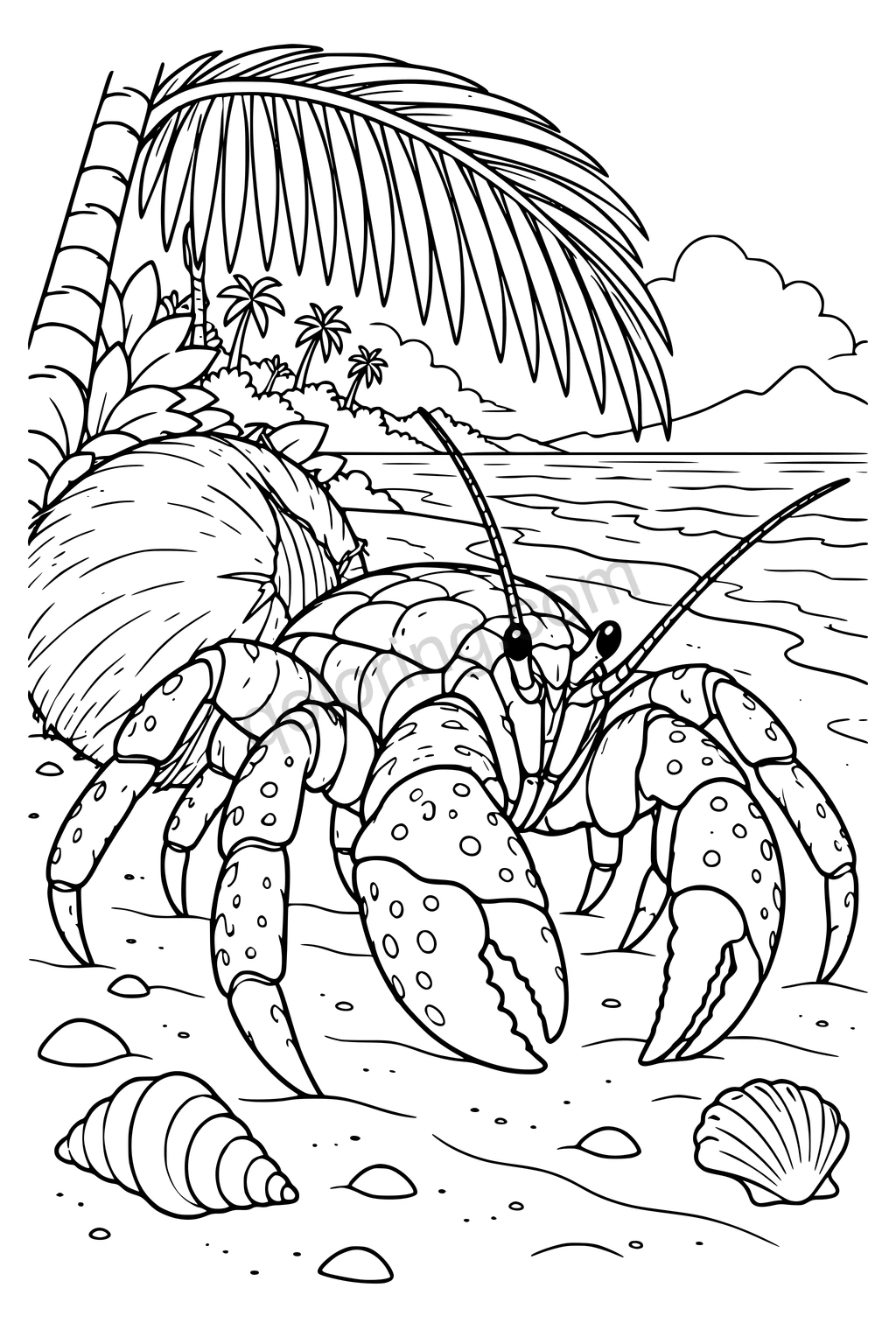 Black outline drawing of a coconut crab on a tropical shore.