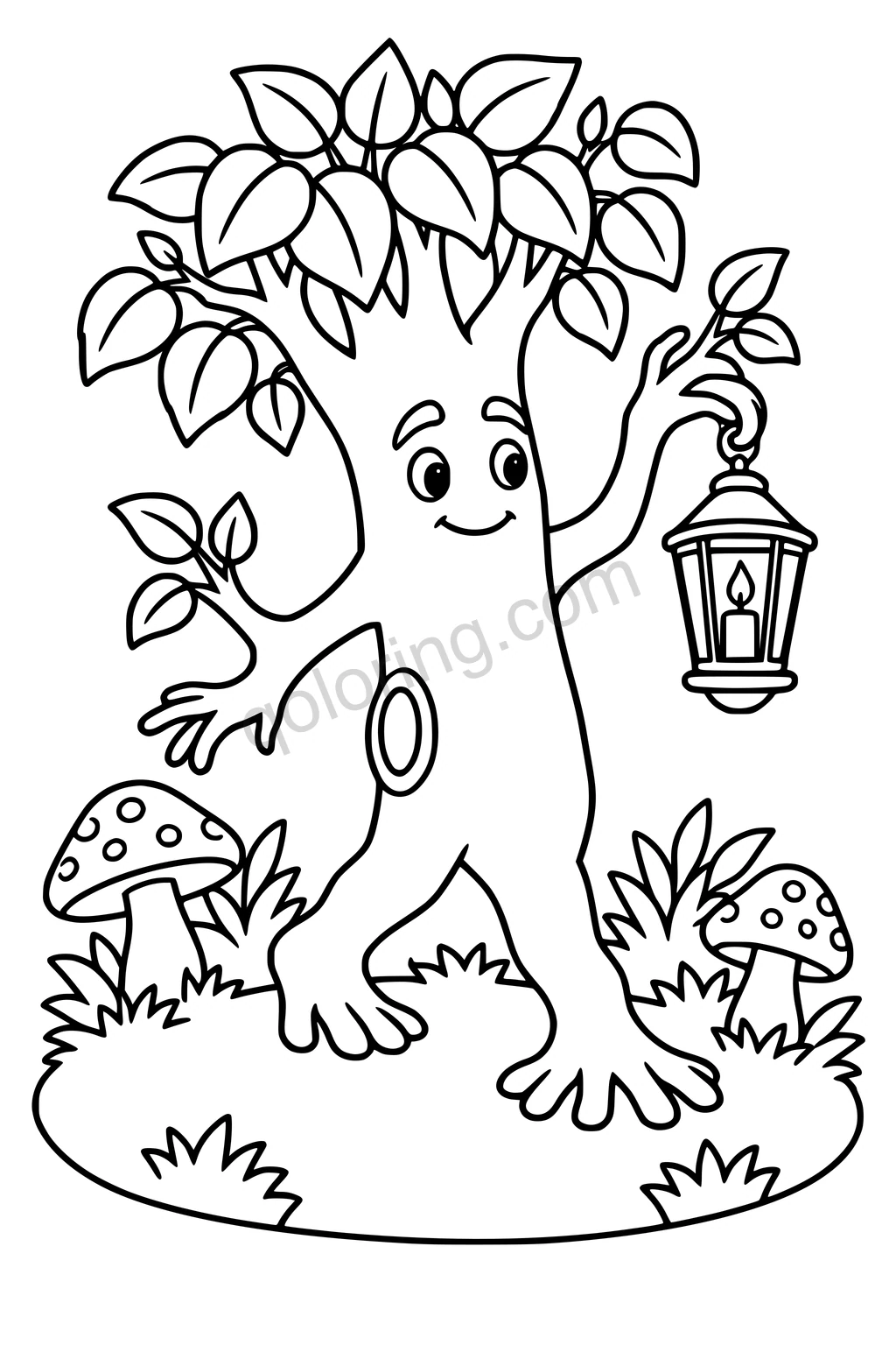 Black outline drawing of a smiling tree spirit with branch arms, root feet, a lantern, leaves, and mushrooms.