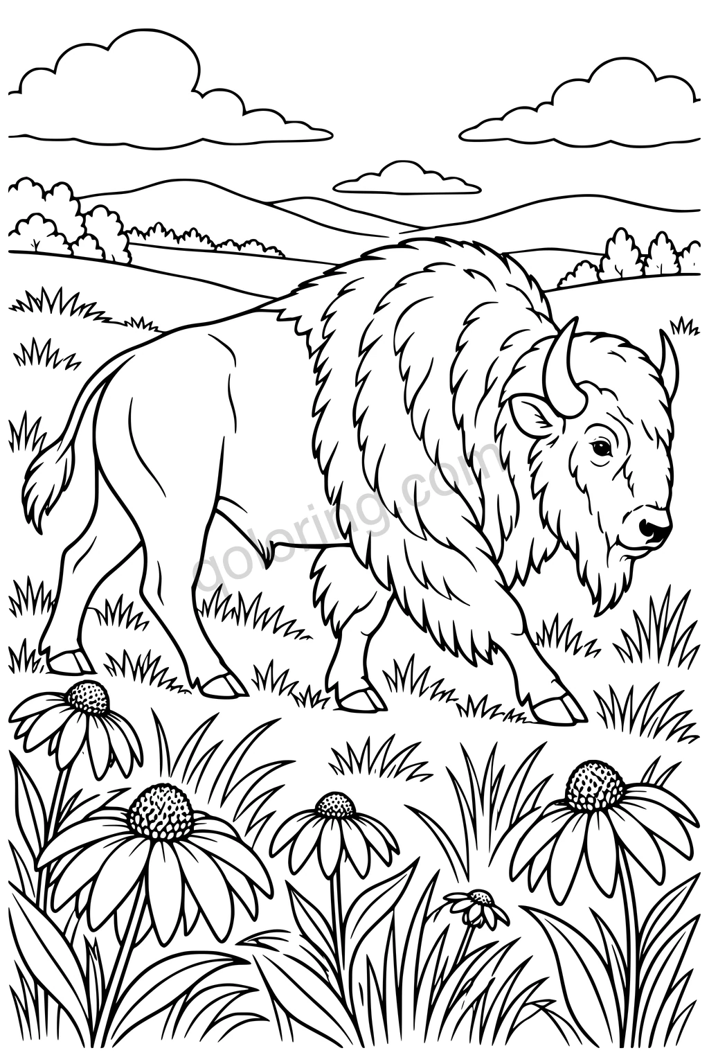 A bison walks through prairie grasses and coneflowers beneath a cloudy sky.
