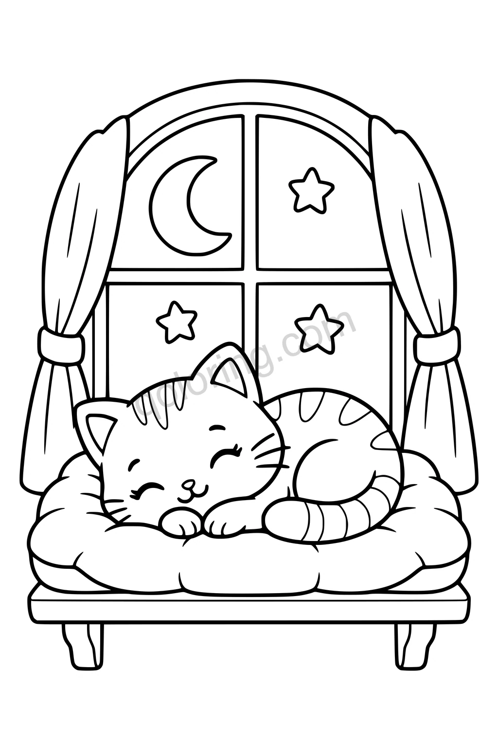 Black outline coloring page: Kitten's Moonlight Window Seat.