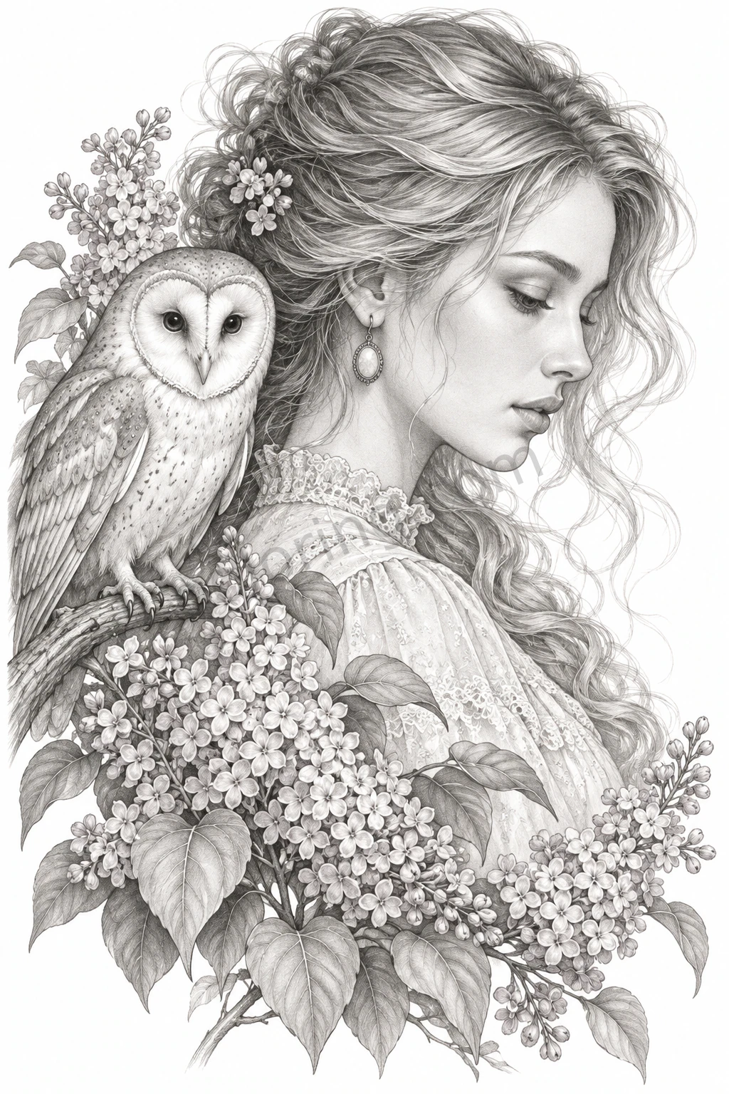 Grayscale pencil portrait of a woman in side profile beside a barn owl and lilac flowers.
