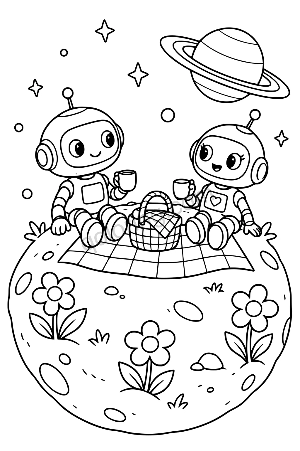 Black outline drawing of two robots holding mugs beside a picnic basket on a small planet with flowers.