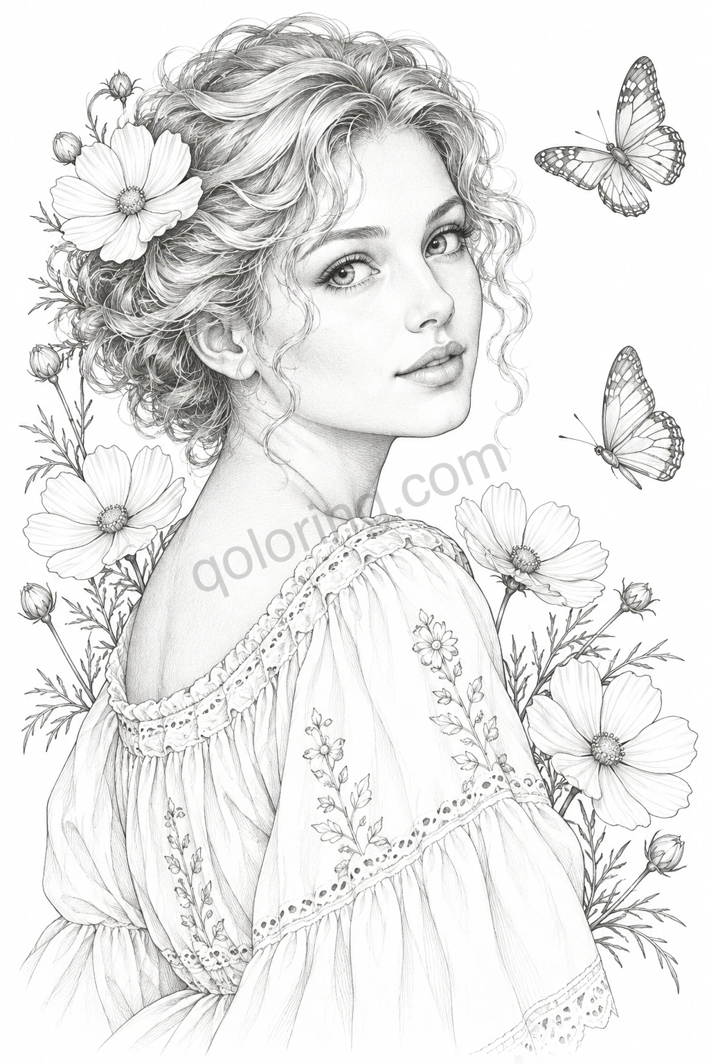 A woman with a softly curled updo is surrounded by cosmos blossoms and two butterflies.