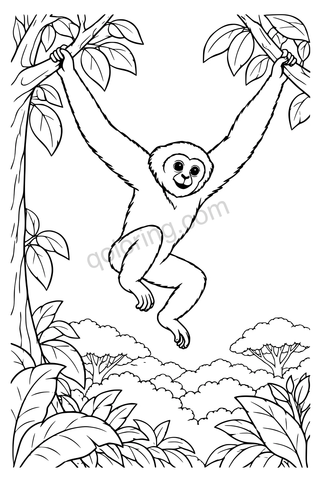 Black outline drawing of a gibbon above the canopy gap.