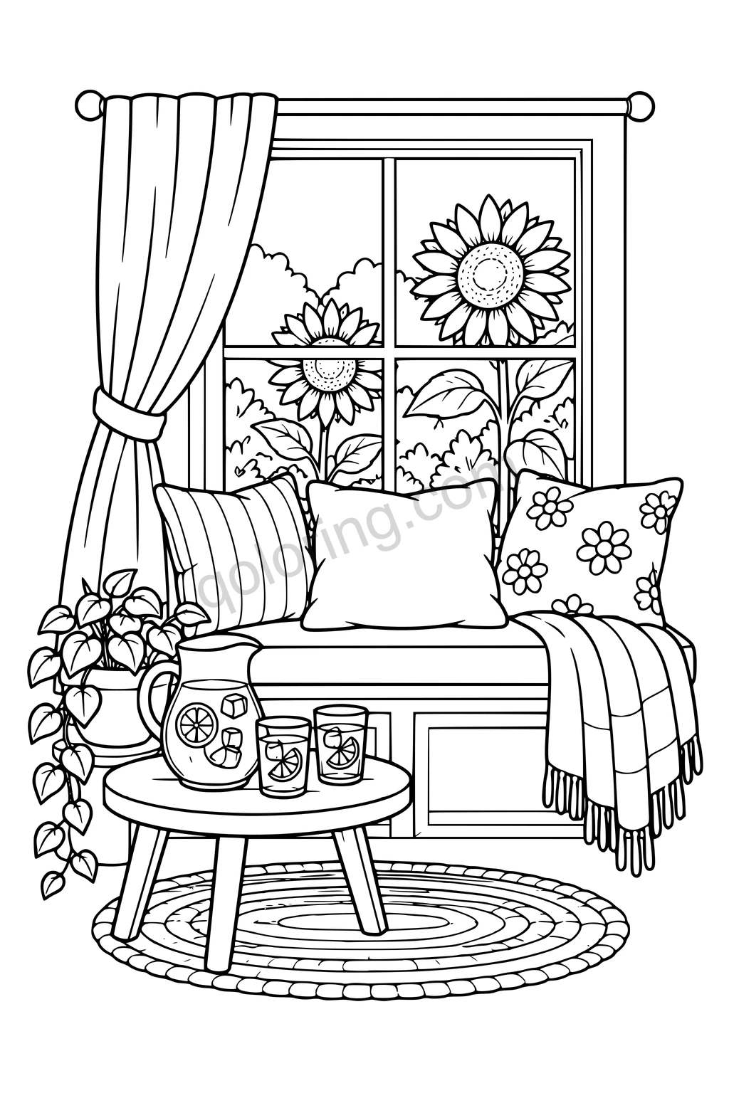 Black outline drawing of a broad empty window seat with three large pillows, a low side table holding a lemonade pitcher and two glasses, a simple curtain and two large sunflowers outside.