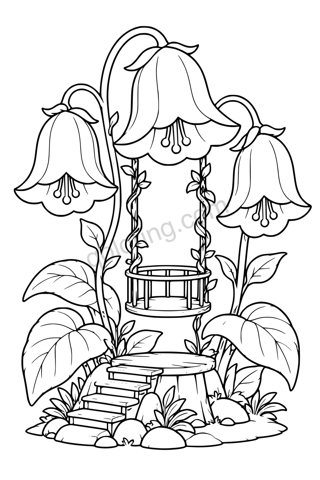 Black outline drawing of an elevator basket hanging beneath giant bellflowers.