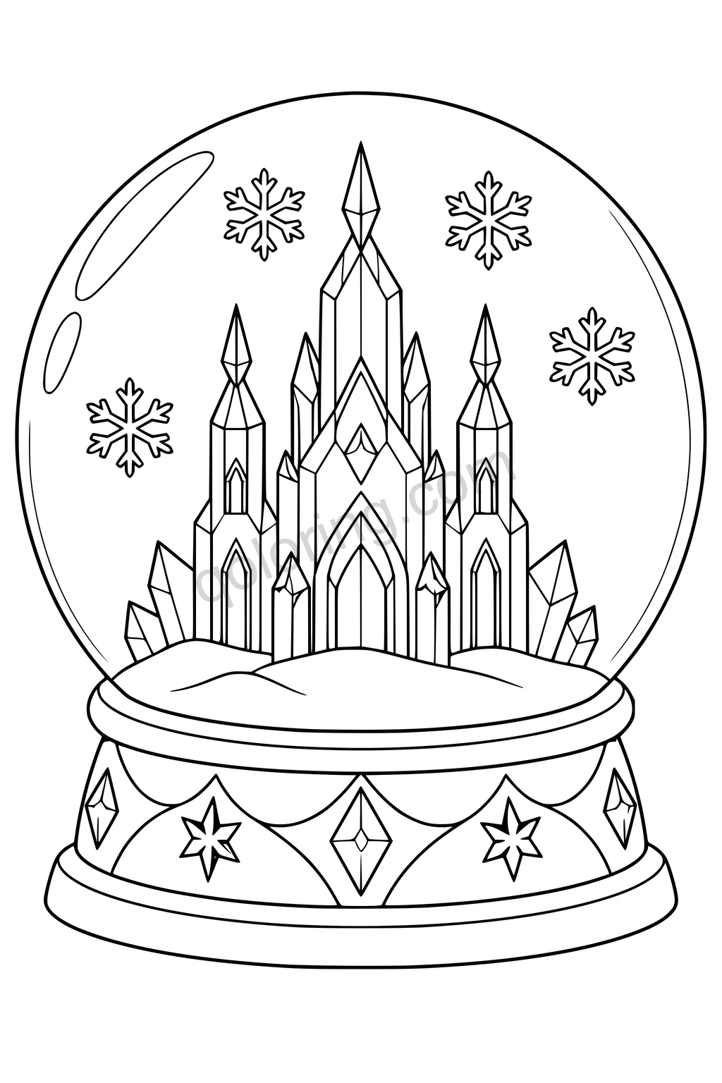 Black outline drawing of a snow globe containing a crystal palace and snowflakes, on a decorated base.