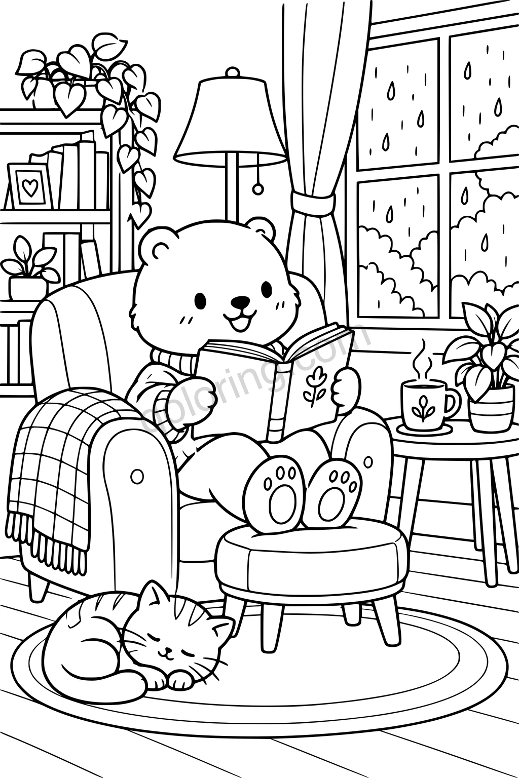 A bear reading in an armchair beside a rainy window, with a cat asleep on the rug.