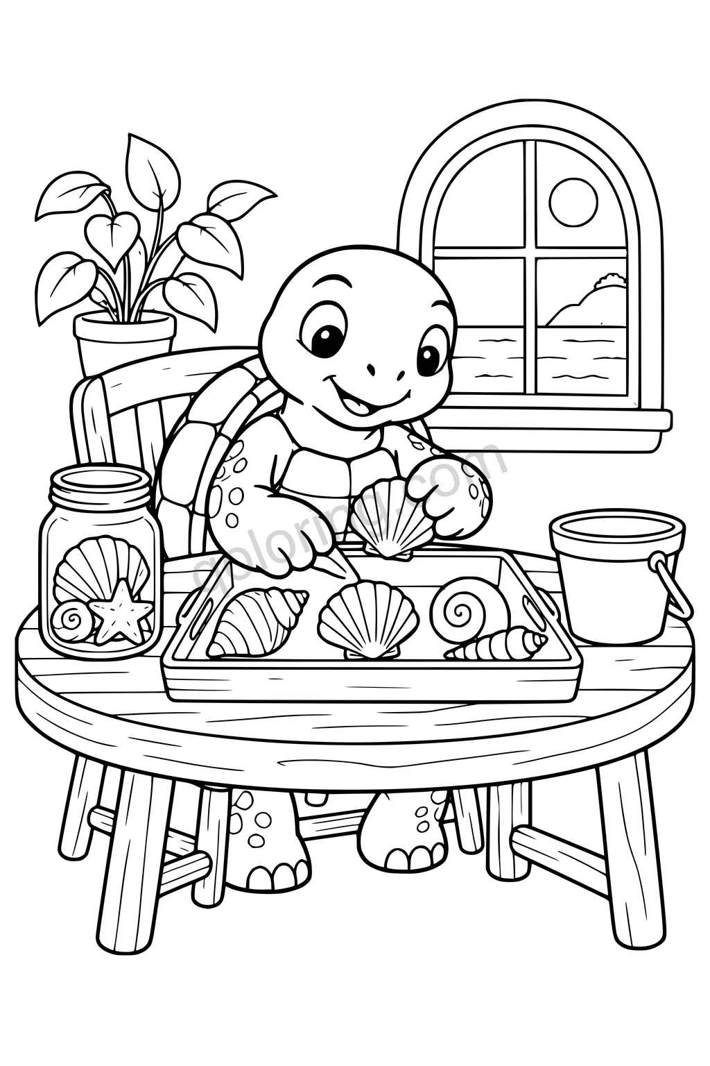 Black outline drawing of a tortoise sitting at a broad table sorting five large simple seashells into a shallow tray, with a glass jar and a small beach pail.