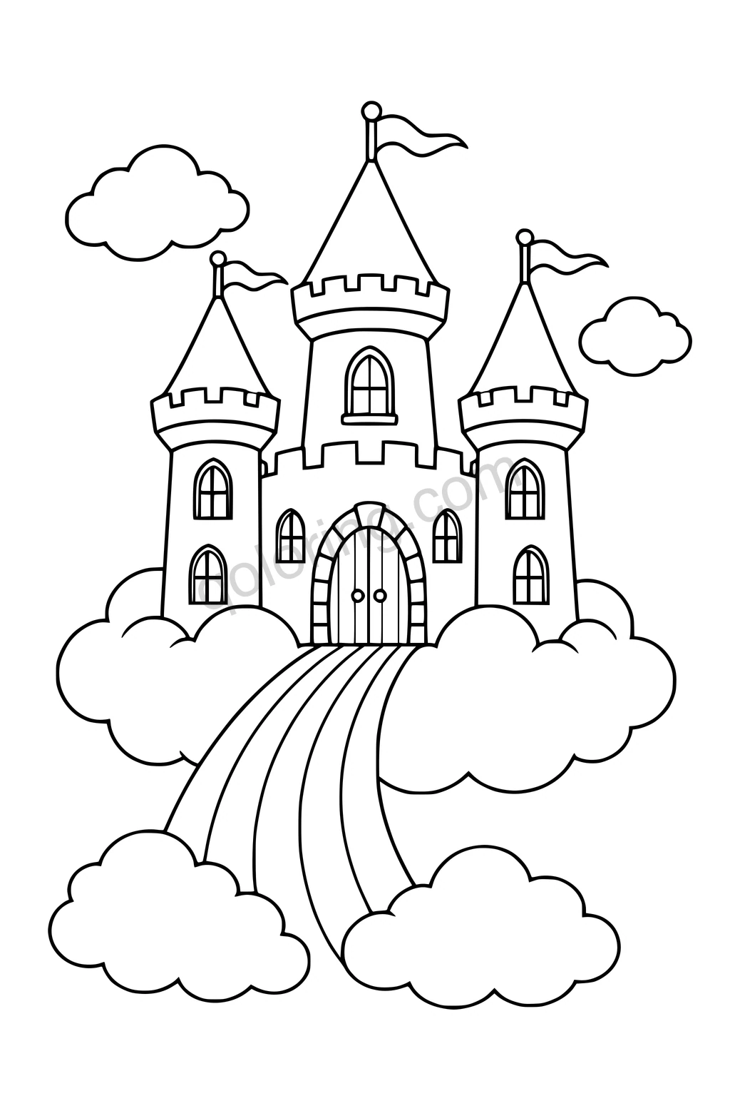Black outline drawing of a three-tower castle on clouds connected to a rainbow bridge.